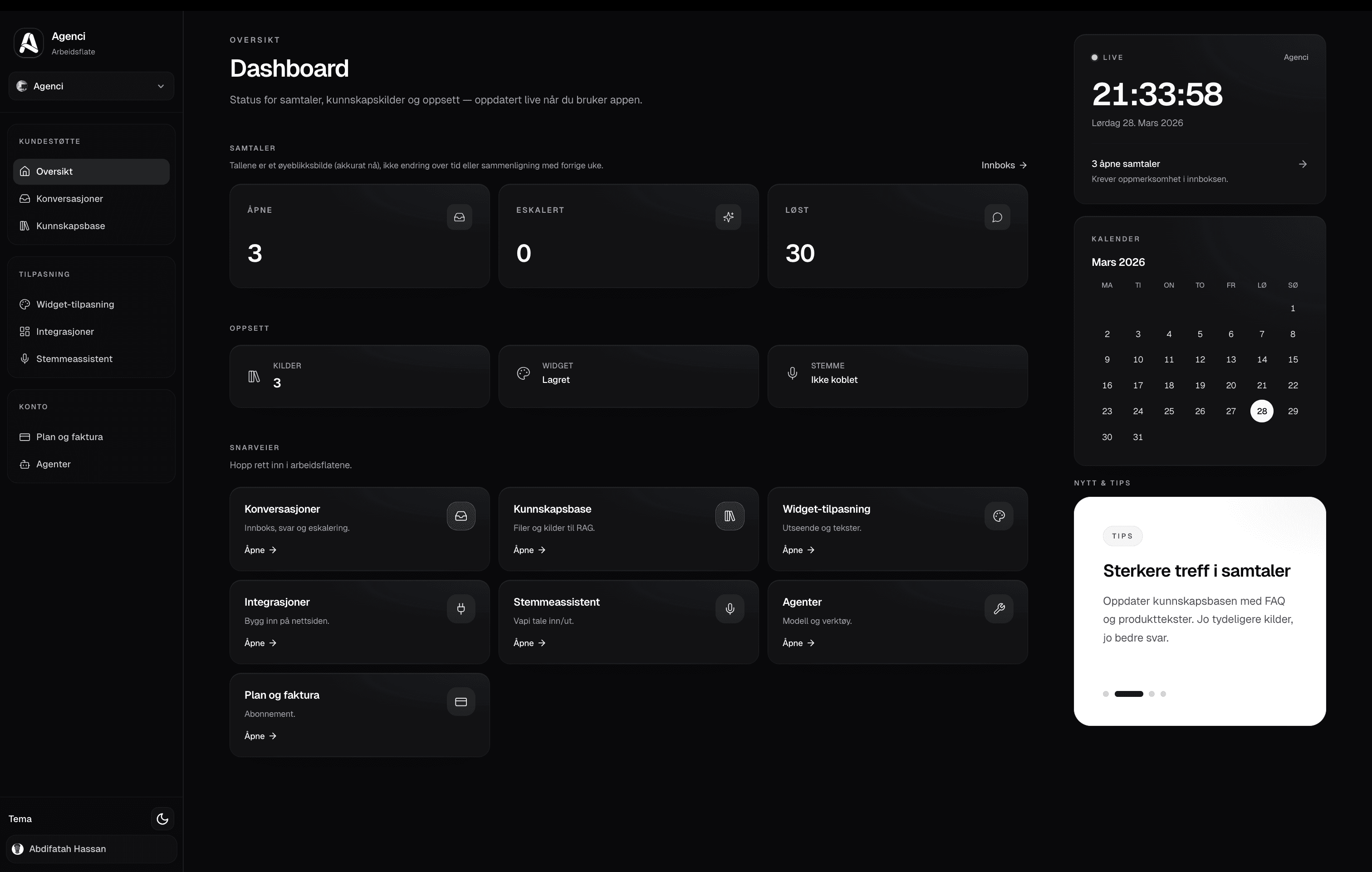Agenci dashboard oversikt